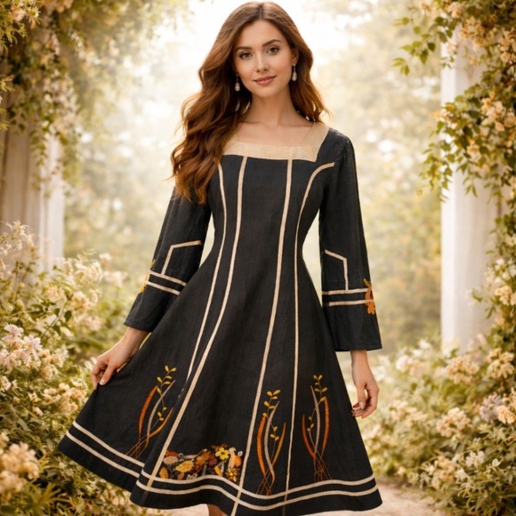 Josefa Dresses & Skirts - Vtg 70s Josefa Ibarra Black Floral Embroidered Midi S Dress Designer A-Line Boho